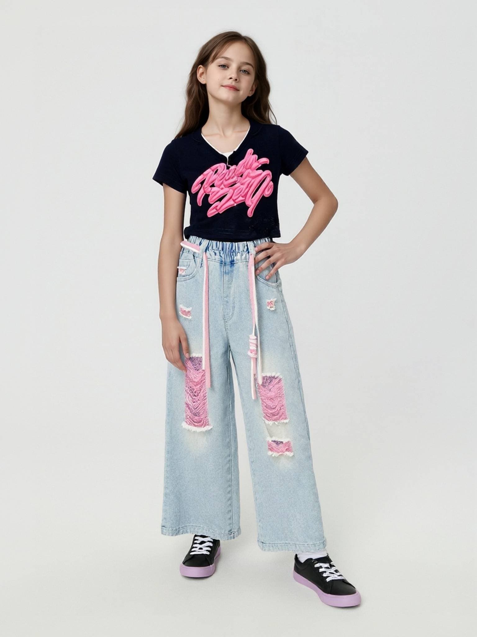 Girls Spring And Autumn Three-dimensional Spray-painted Graffiti Short Sleeve Color Jeans Ripped Pants Set Children's Wide-leg Pants