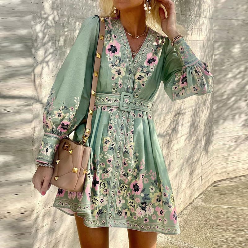 FD9492022 Autumn New Women's Long Sleeved V-neck Loose Printed Bohemian Dress