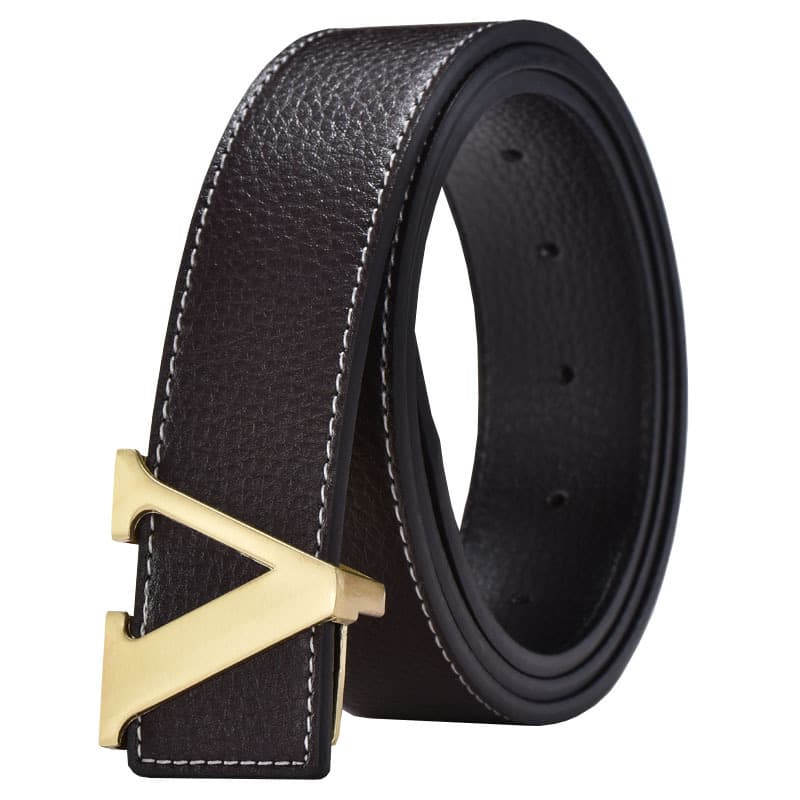 New Hot Selling Men's Belt Leather Smooth Buckle Belt Fashion Letter V Leather Belt Temperament Fashion Men's Belt