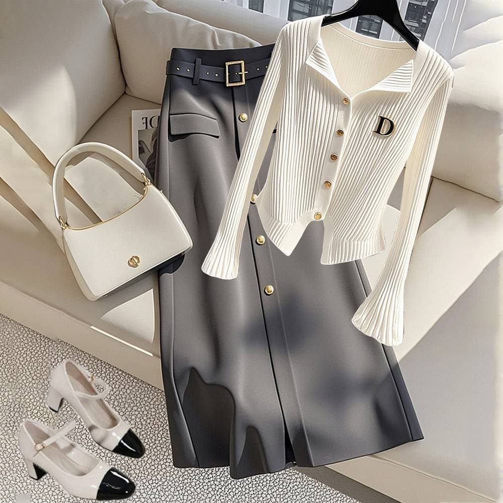 women say elegant ribbed button-down cardigan top with belted A-line high-waist midi skirt set - classic office Chic ensemble