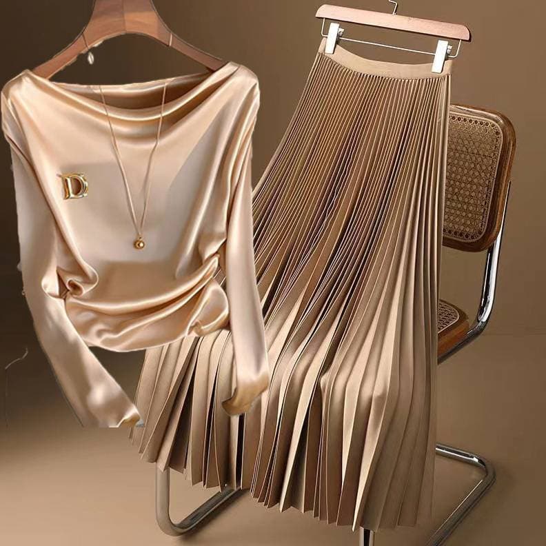Women's Clothing Popular Champagne Colored Long Sleeved Satin Shirt For Women In Early Autumn 2024, French Style Niche Collar Skirt Suits