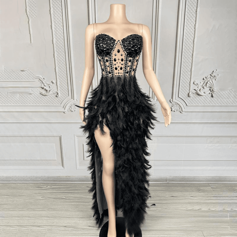 Women's Clothing Black Swan Temperament Full Diamond Feather Dress Model Catwalk Fashion Birthday Dress