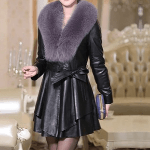Women's Fur Coat Imitation Fox Fur Collar Long Fur Coat Slim Plus Cotton Fashion PU Leather Coat