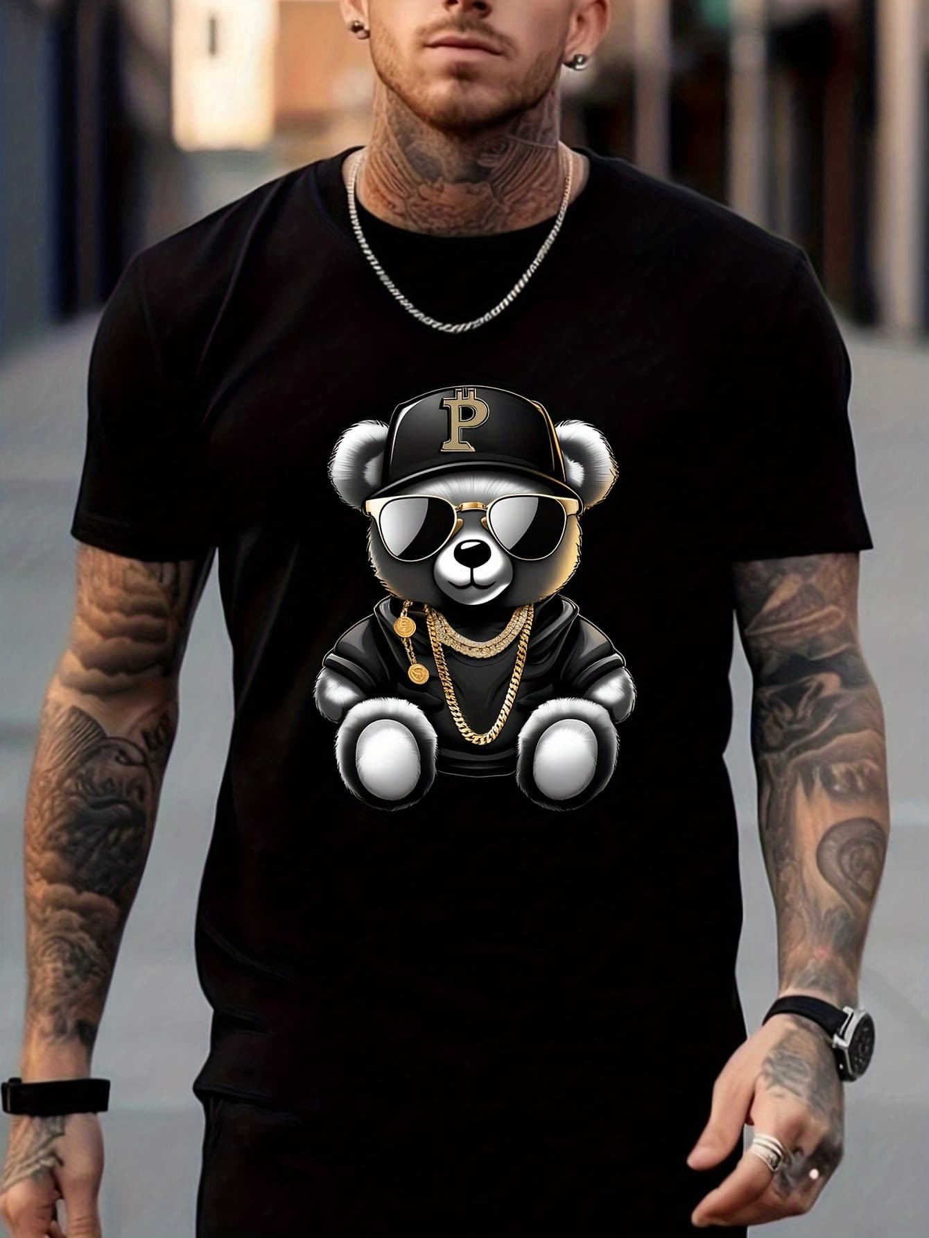 100% Pure Cotton Men's Summer Fashion Sunglasses Bear Print Loose Multi-functional Short Sleeved T-shirt Top