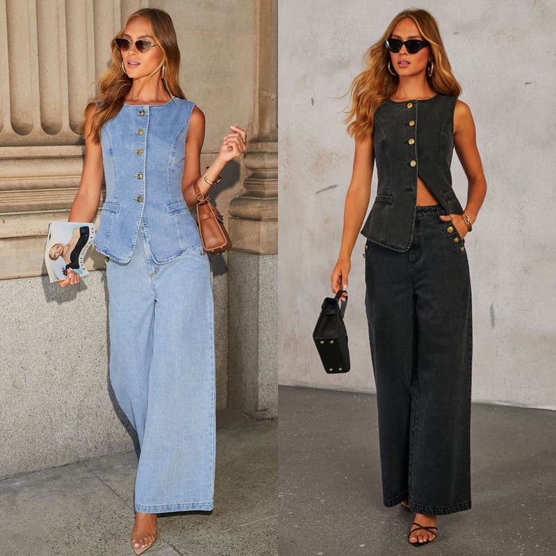 Women's Clothing Fashion Temperament New Button Sleeveless Vest Wide Leg Jeans Denim Suit