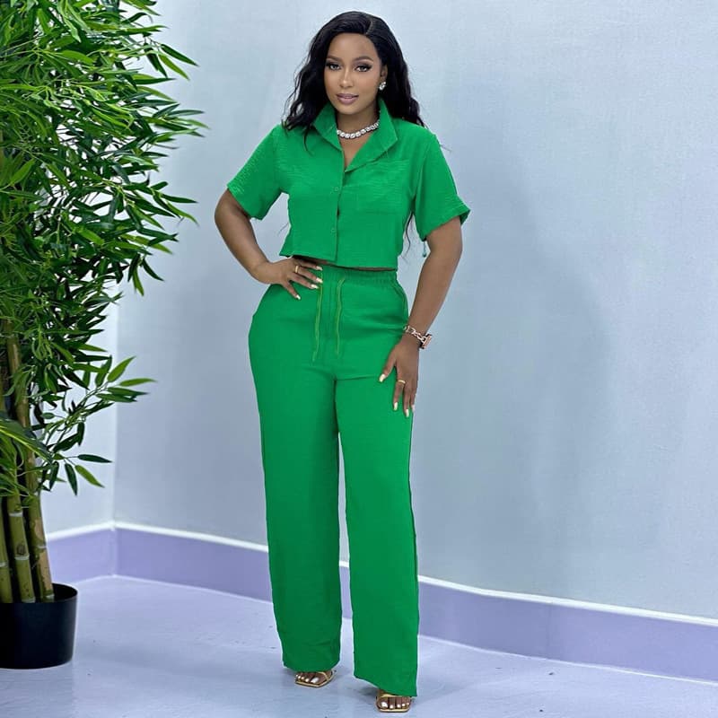 Women's Clothing Solid Color Casual Large Size Short Sleeved Shirts Trousers Two Piece Suits