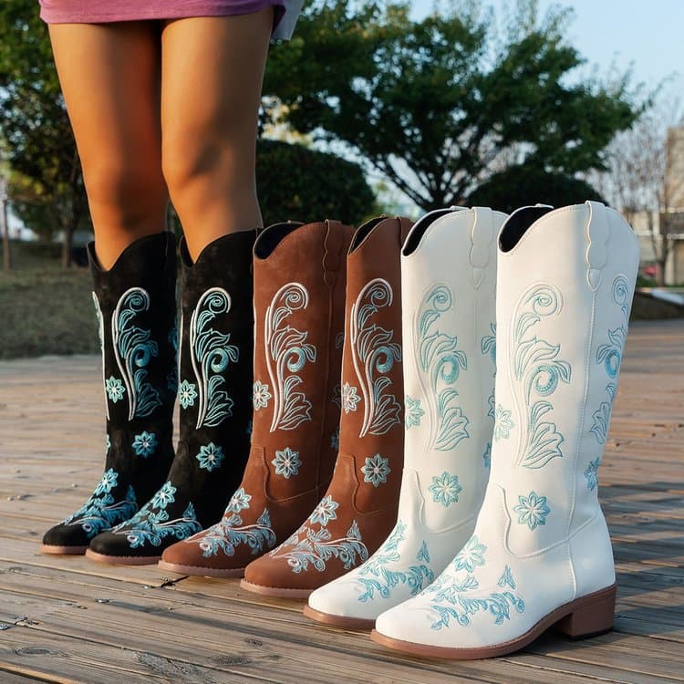 Women's Shoes large size high top knee high boots autumn and winter new style printed square heel knight boots