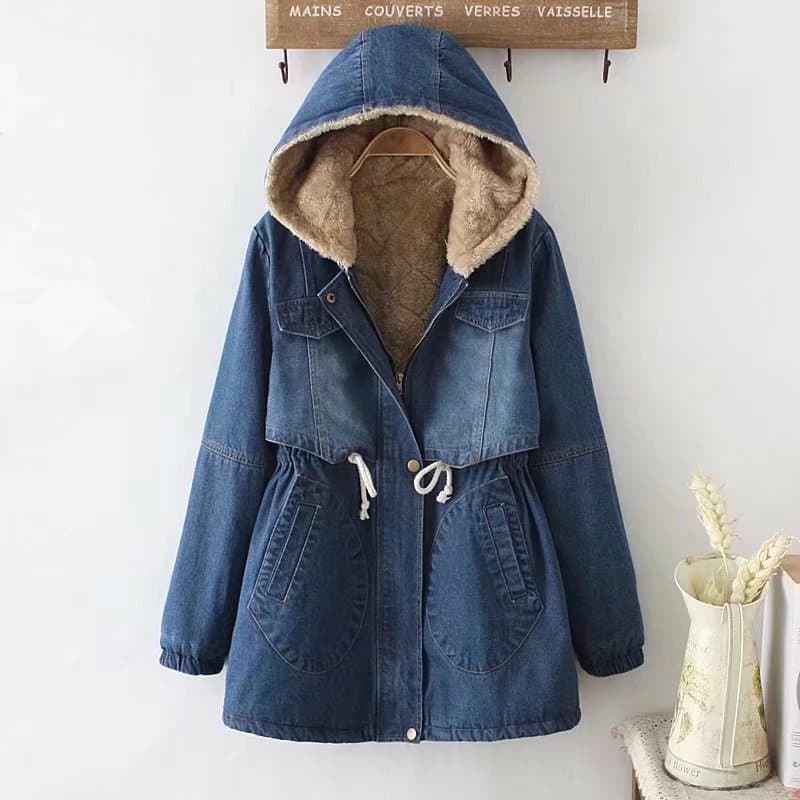 Women's clothing lamb wool cotton-padded jacket women's thick hooded mid-length waisted denim jacket