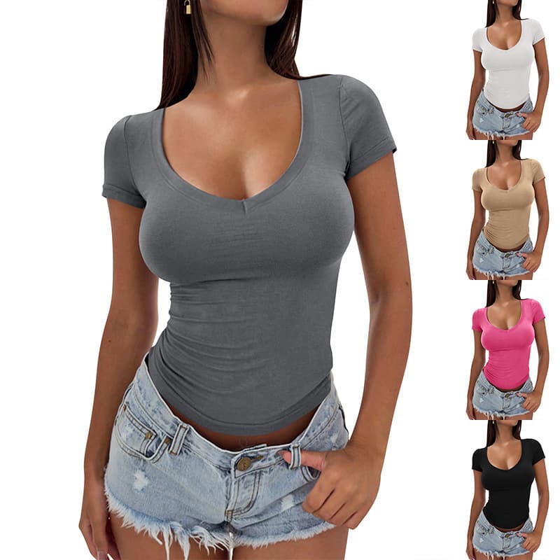 Women's Clothing High End Fashion Slim Solid Color Slim Round Neck Short Sleeve T Shirt Women's Clothing