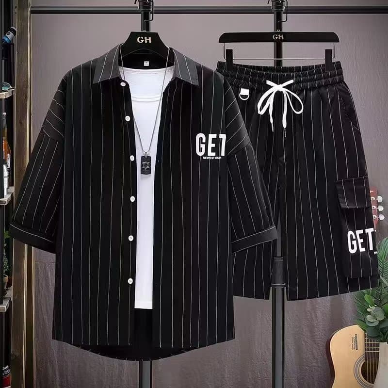 Men's Striped Shirt Men's Five-Point Short-Sleeved Handsome Jacket Men's Clothing Set With Handsome Shorts Casual Suit