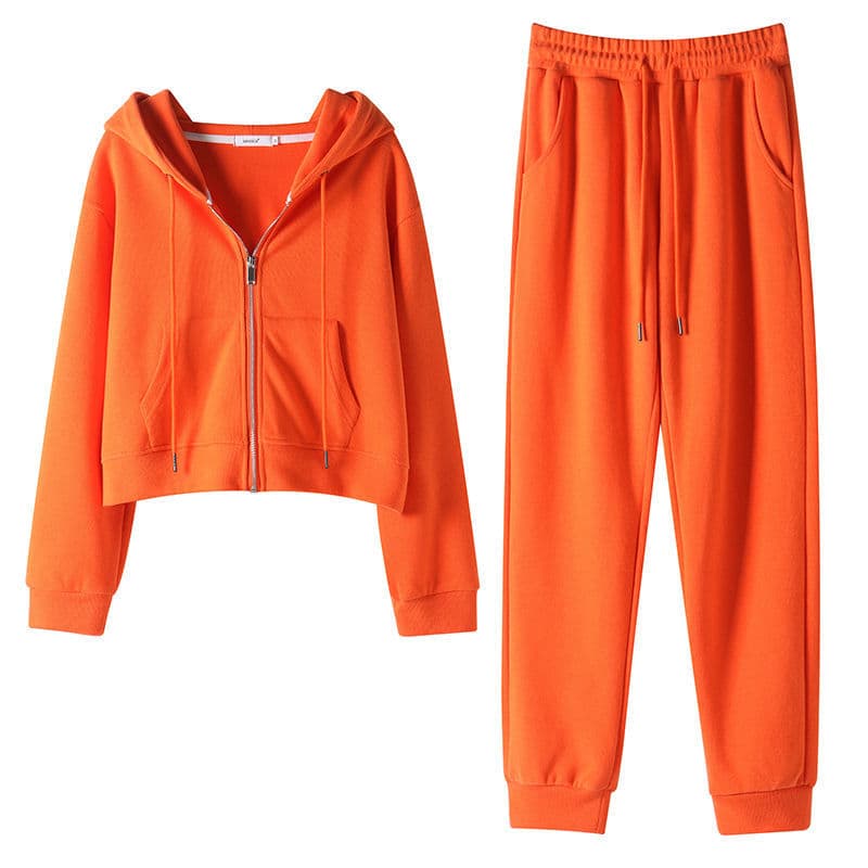 Women's Orange Zip-Up Hoodie & Pants Set - Lightweight Casual Two-Piece Outfit For Spring & Fall, Loose Fit Sporty Fashion​