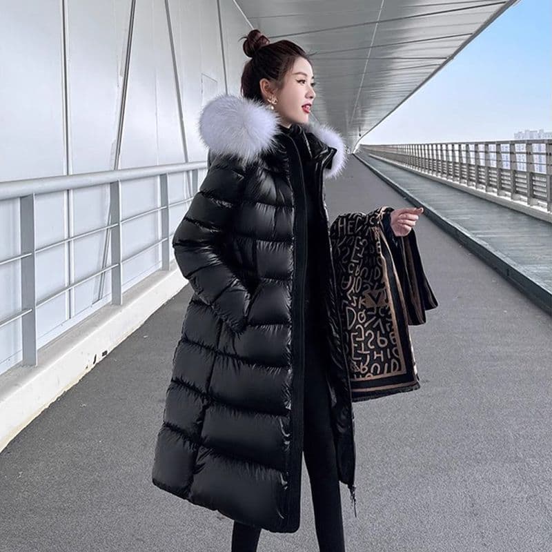 Women's Clothing Women's Long Down Coat With Detachable Fur Hood, Slim Fit, Warm Winter Jacket, Black Gold With Light/Dark Grey Fur Trim​​