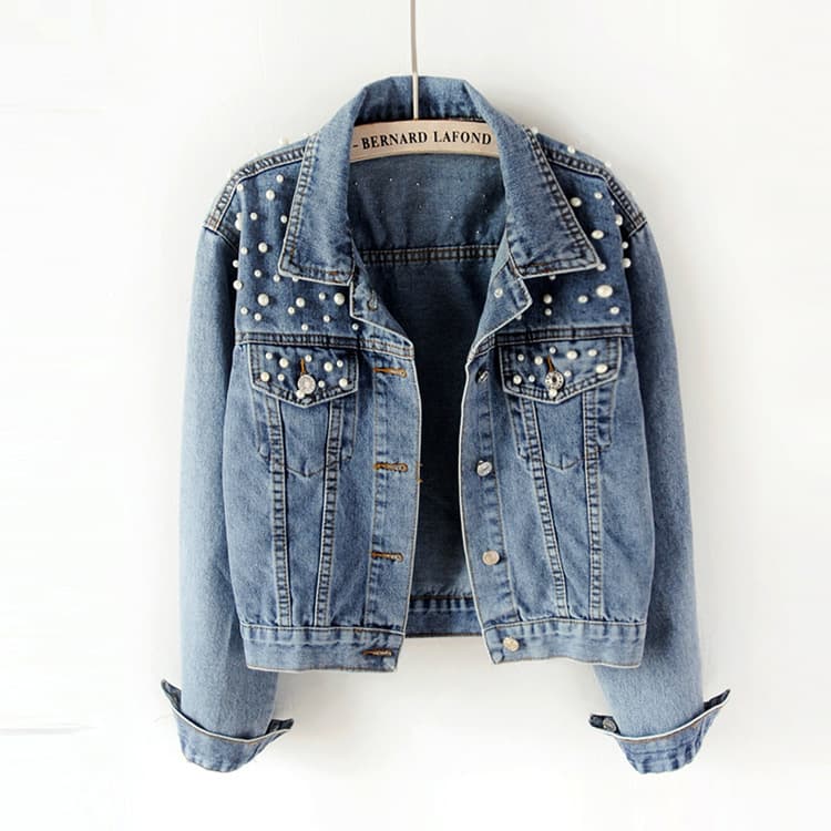 Women's Clothing Denim jacket for women beaded versatile pearl loose slim short jacket