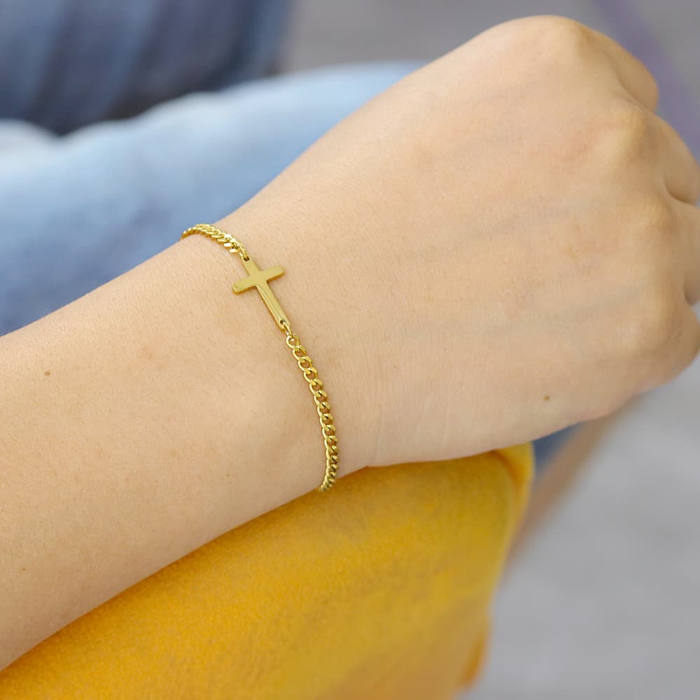 Fashion Versatile Stainless Steel Cuban Chain Men's Simple Gold Cross Bracelet Bangle