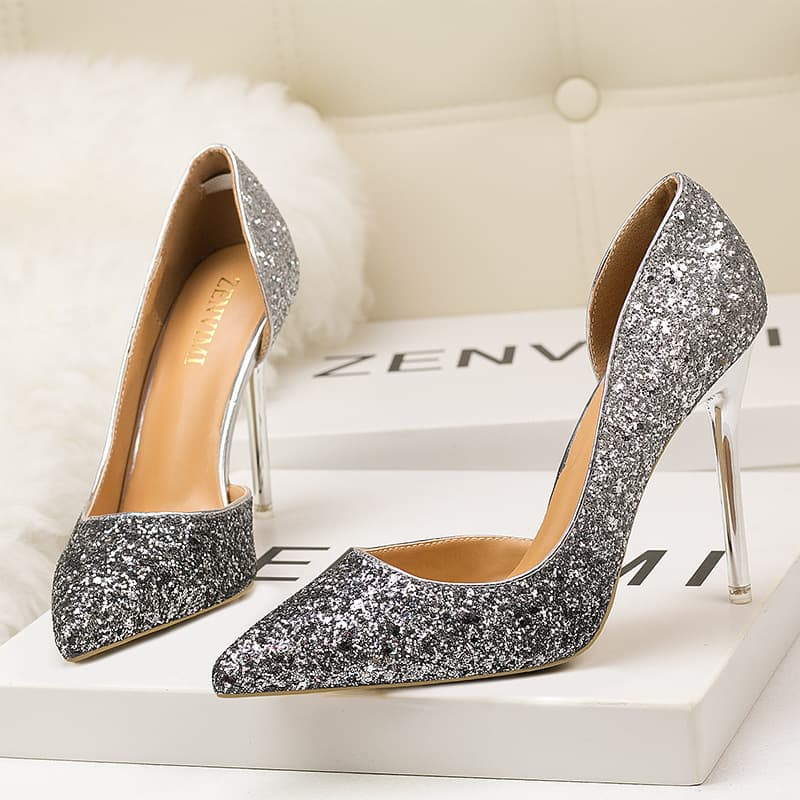 9616-55 European and American style sexy nightclub slimming women's shoes stiletto high heel shallow mouth pointed toe side hollow sequin shoes