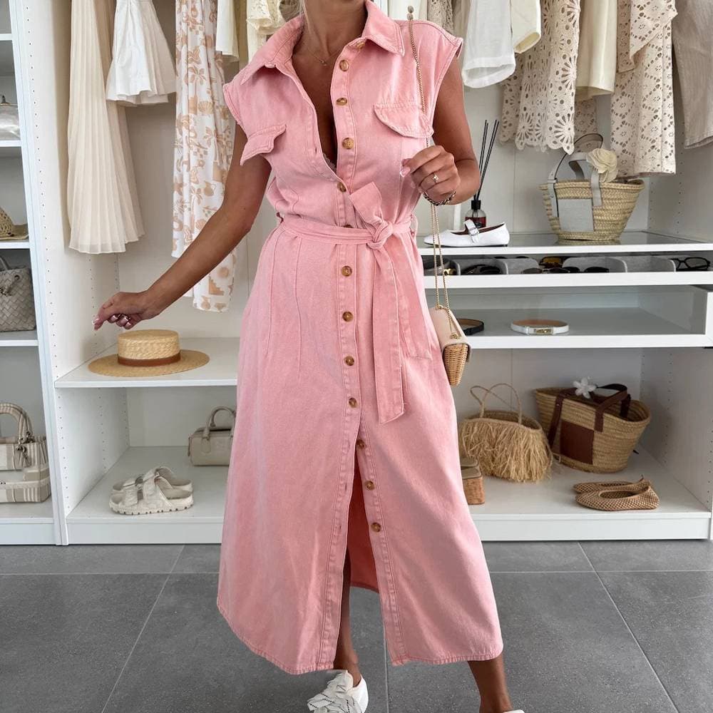 Women's Clothing New Fashion Casual Single Breasted Sleeveless Denim Dress