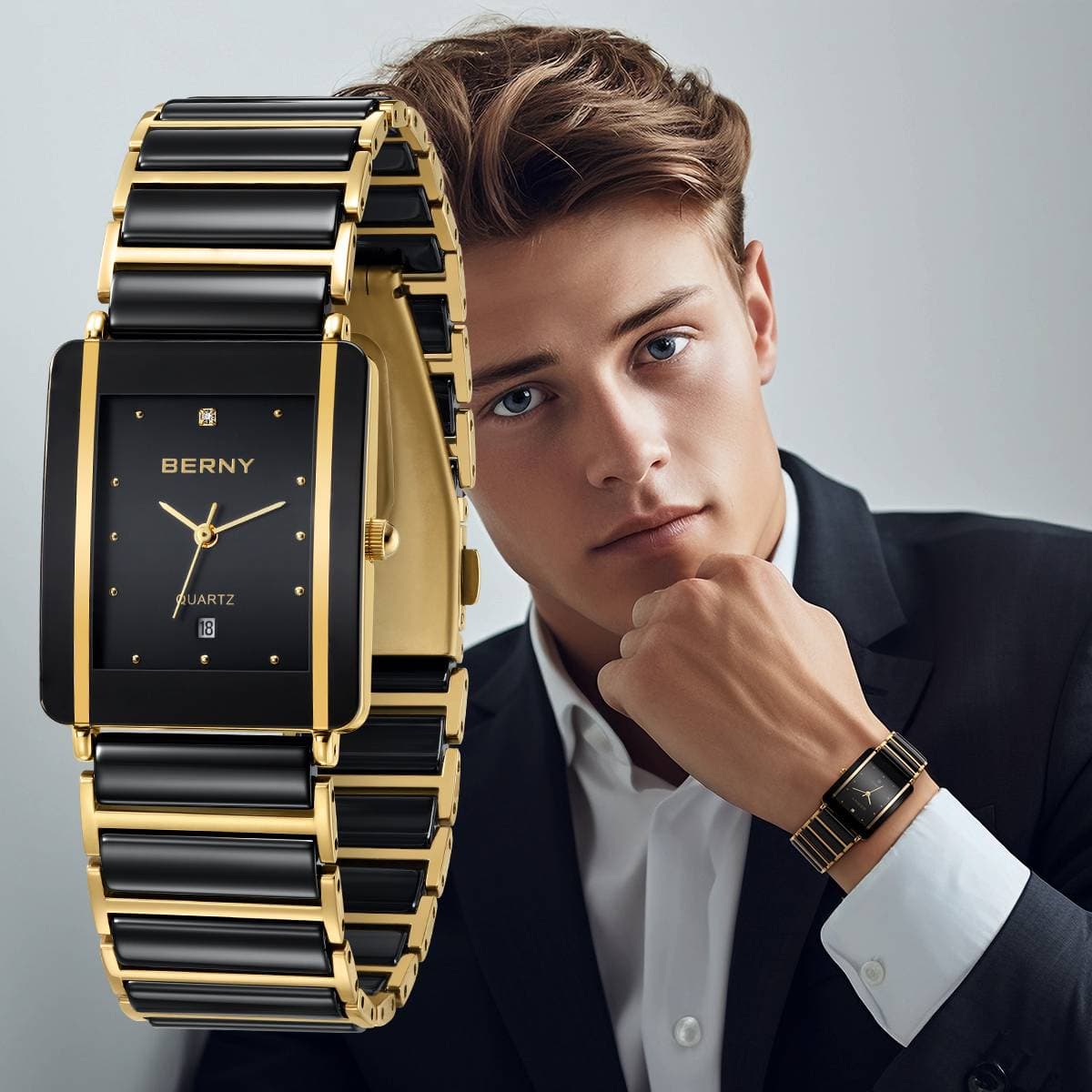 BERNY Rectangular Watches For Men Two-Tone Ceramic Band Quartz Analog Watch Diamond Stainless Steel Waterproof Minimalist Wristwatch With Date