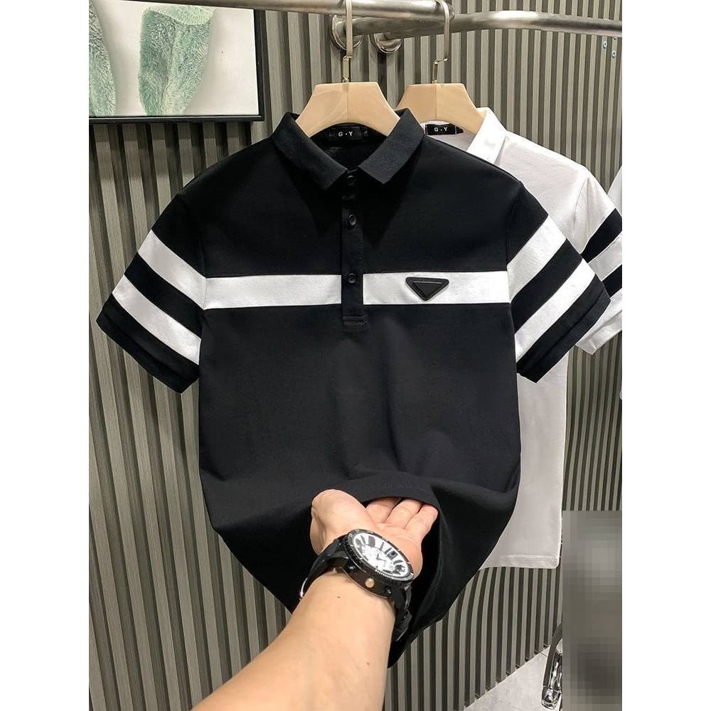 Men's Clothing High End Slim Fit Shirt For Men Short Sleeved Trendy Menswear Summer Color Blocked Collared T-Shirt Versatile Retro