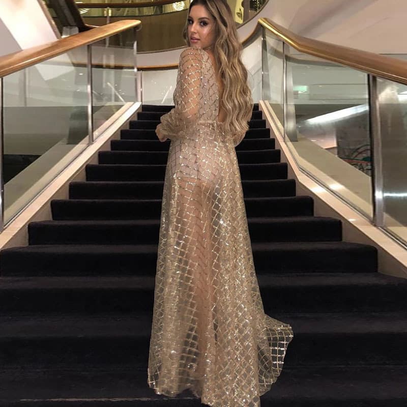 Women's Clothing Summer New Women's Sexy V neck Backless Dress Sequined Mesh Evening Dress Long Skirt