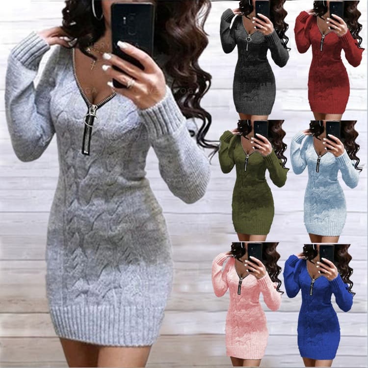 Women's Clothing Sweater Mid-Length Zipper V-Neck Coat Dress