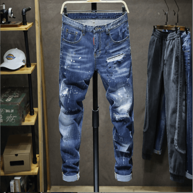 Jeans Pendant Refreshing Light Blue Destructive Paint Wild Exposed Yarn Slim Fitting And Trendy Man