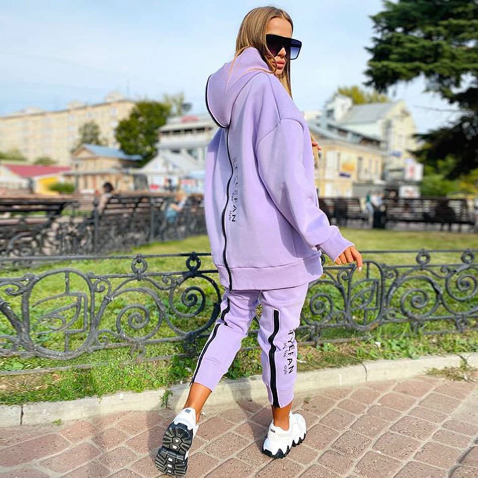 Women's Suit Long Zipper Front And Back Letter Print Loose Long Sweatshirt + Trousers Suit