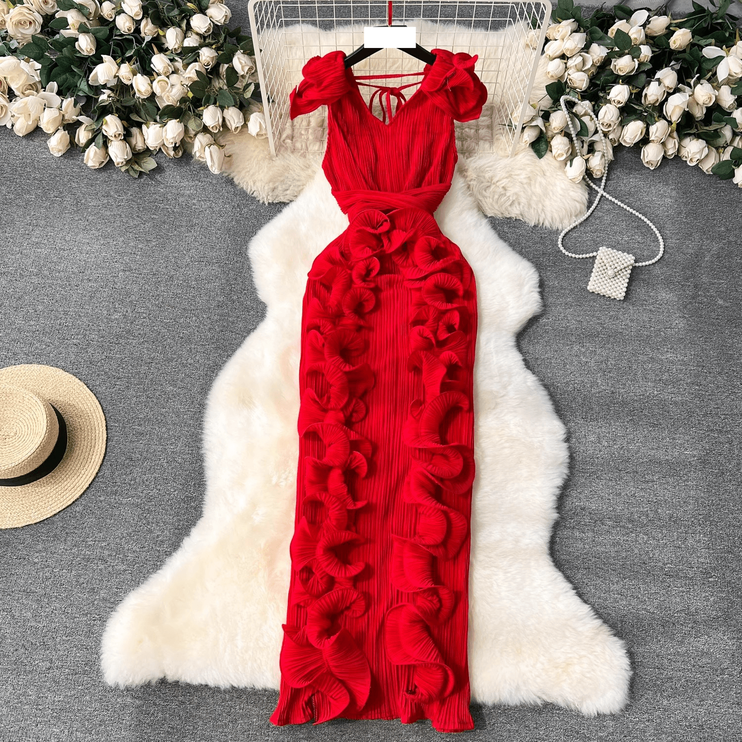 Women's Banquet high-end dress high-end light luxury niche pleated three-dimensional ruffled slim long temperament dress for women