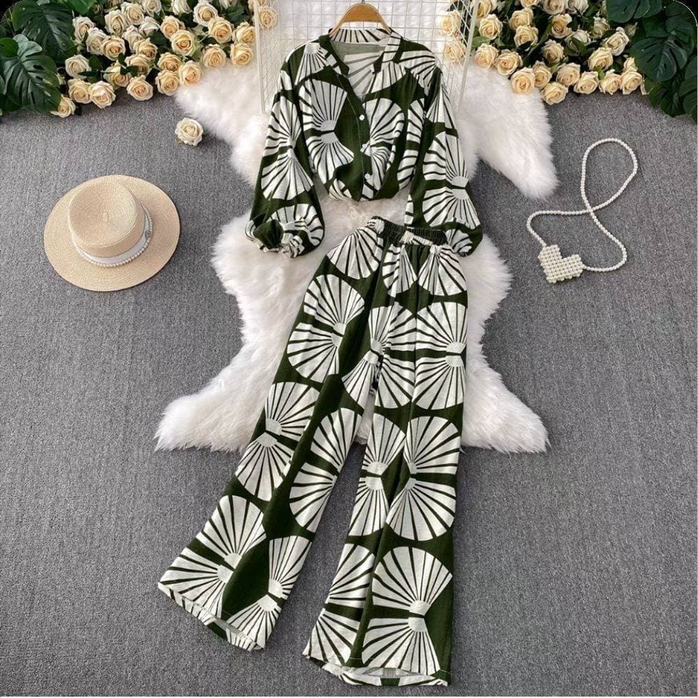 Women's Clothing Fashion Suit Summer Design Of Niche Printed Bubble Long Sleeved Shirt High Waist Slim Wide Leg Pants Two Piece Suit