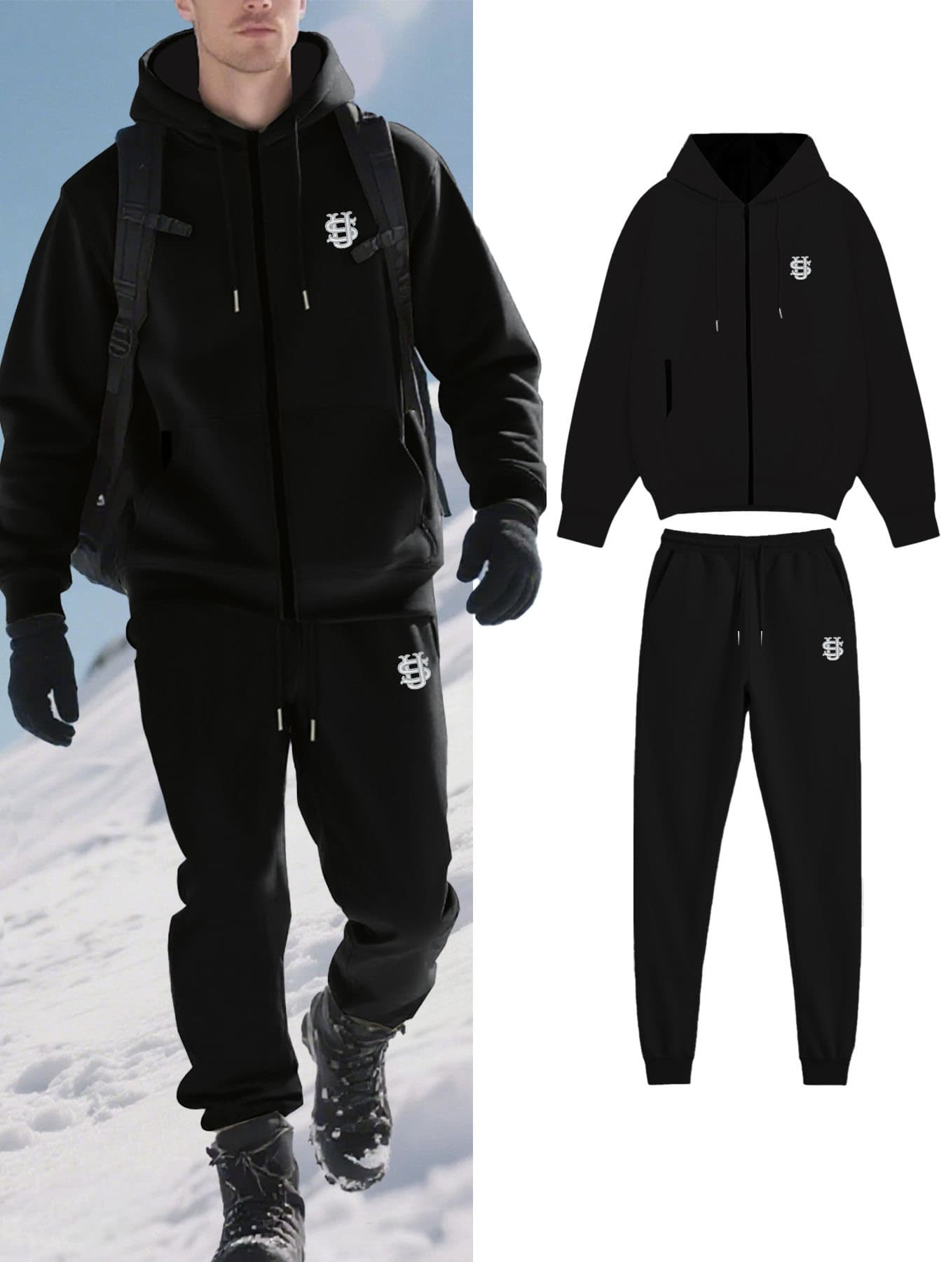 Men's US Flag Embroidered Fleece Set - Hooded Zip-Up Jacket & Joggers, Patriotic Streetwear Outfit