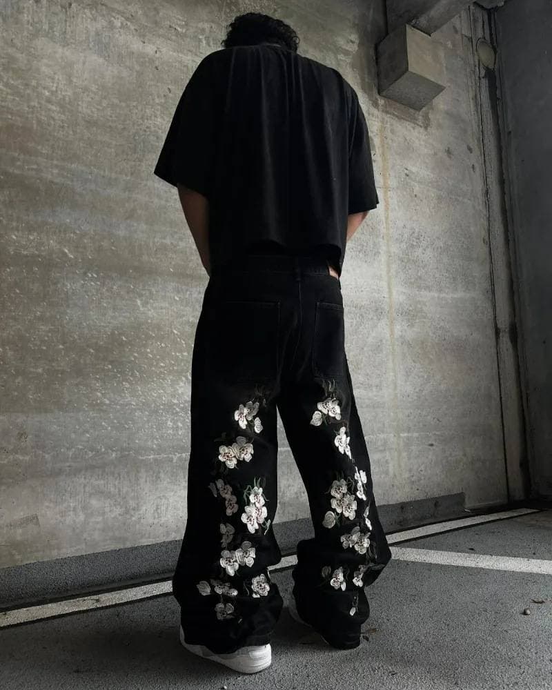 Men's Clothing 26 New Retro Personality Street Flower Embroidered Jeans Men And Women Casual Loose Trousers