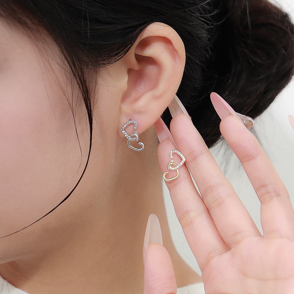 Love silver needle earrings with diamond heart shaped earrings for women asymmetrical earrings niche