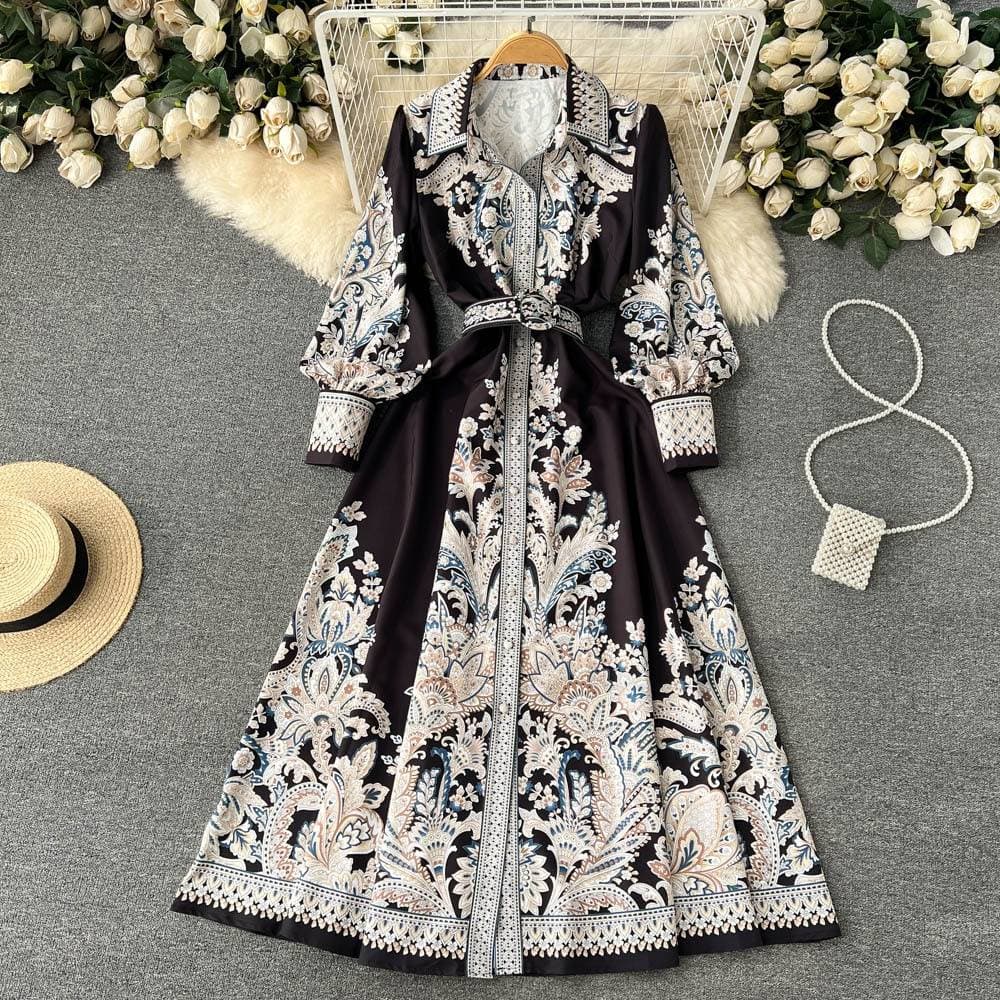 Women's Clothing Spring And Autumn New Style Lantern Sleeve Lapel Single Breasted Printed Dress Women's Waist Sweeping Palace Style Long Skirt Trendy
