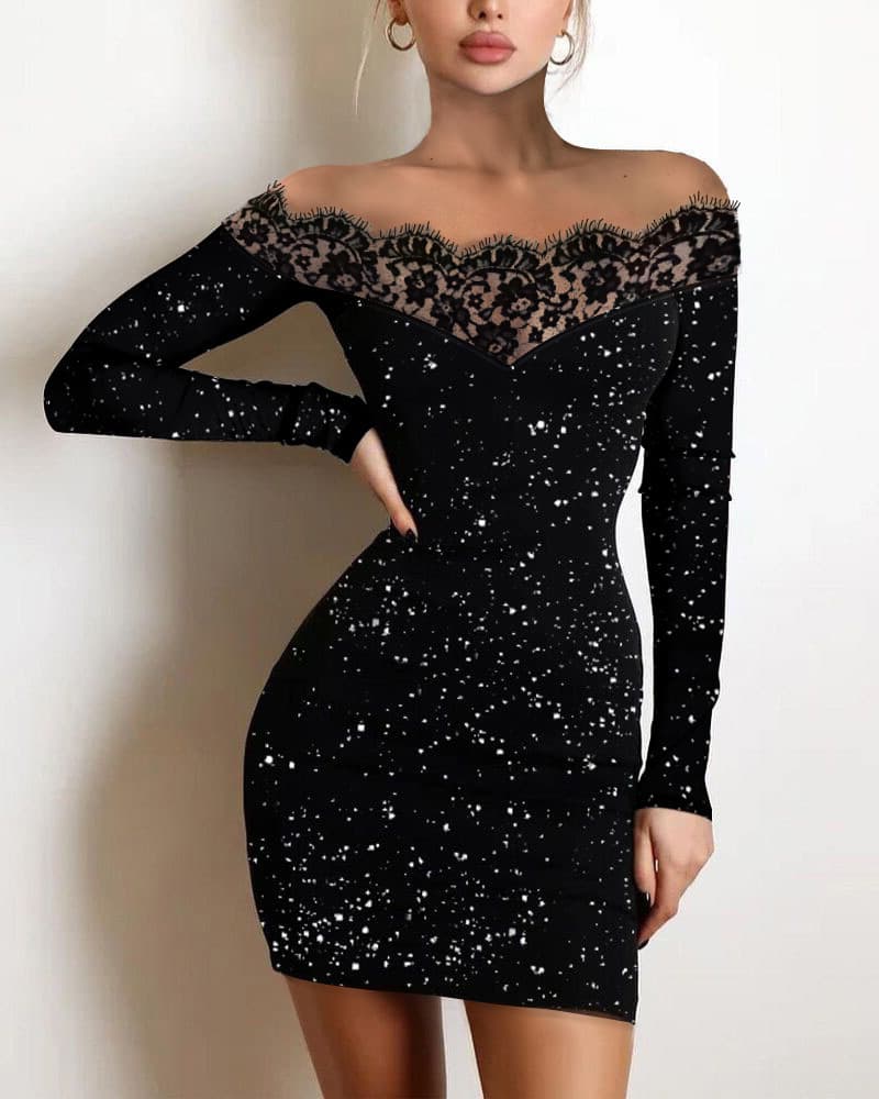 Women's Clothing Lace One Shoulder Dress Hollow Flash Highlights Stretch Fabric Hip Cover Skirt