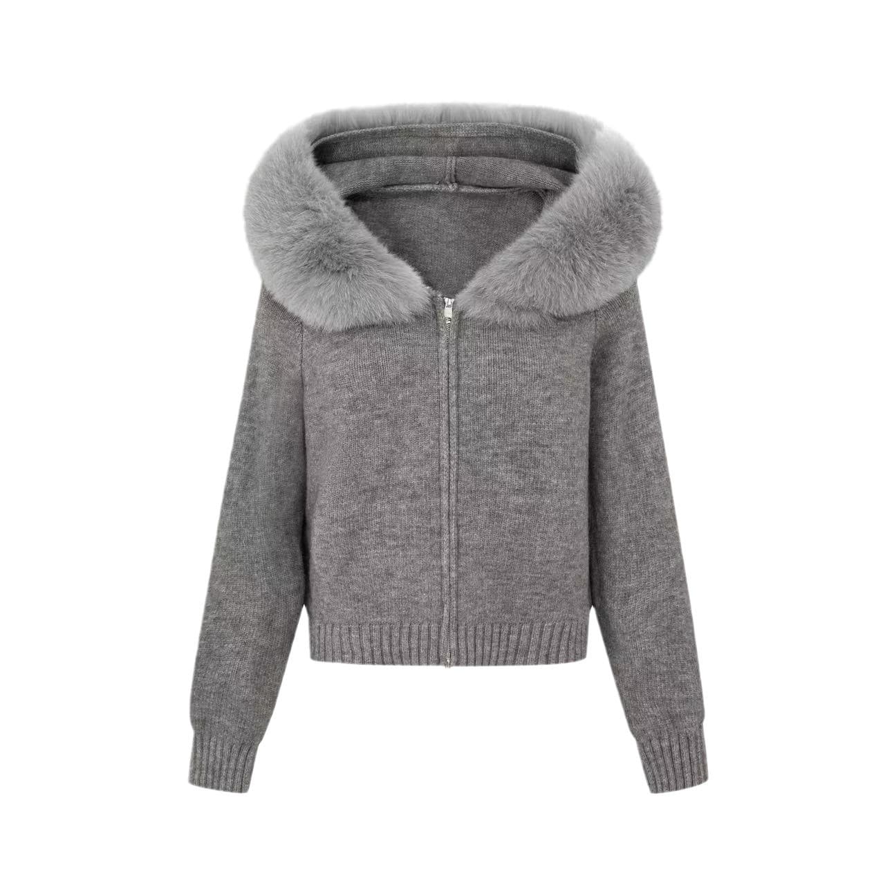 Women's Clothing style all match large fur collar hooded zipper lazy style sweater cardigan jacket autumn and winter high end knitted sweater top