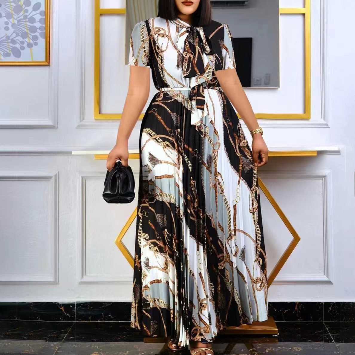 Women's Short-sleeved Printed Pleated Straps Long Skirt Plus Size