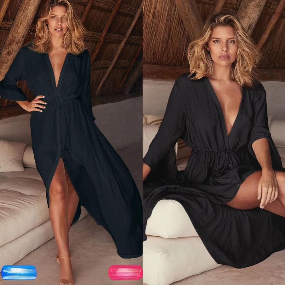 Women's Clothing Trumpet Sleeves Sexy V Neck Beach Dress Holiday Belt Blouse Swimsuit Sunscreen Shirt