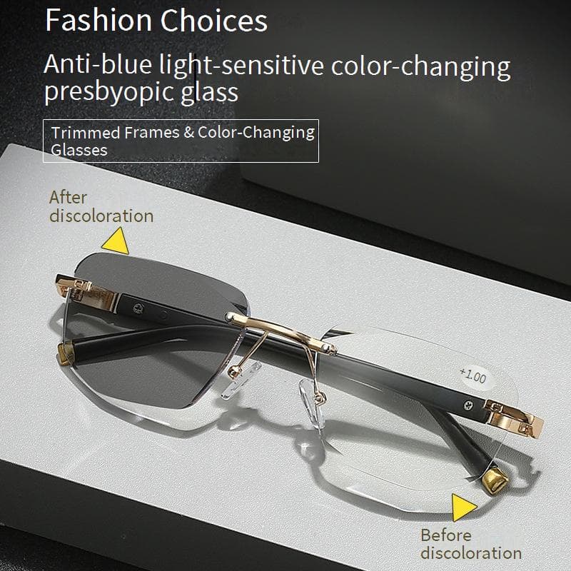 Frameless Smart Edge-Cutting Photochromic Blue Light Blocking Bifocal Reading Glasses For Men & Women, Multi-Focus Progressive Lenses With Anti-Glare