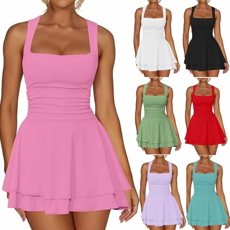 Women's Clothing Hot Sale Square Neck Waist Pleated Hem Mini Short Dress