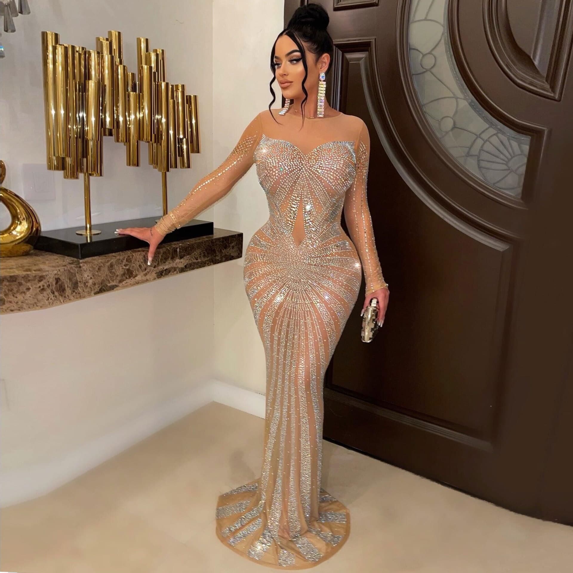 Women's Clothing Sexy Floor-Length Rhinestone Dress Nightclub Wear
