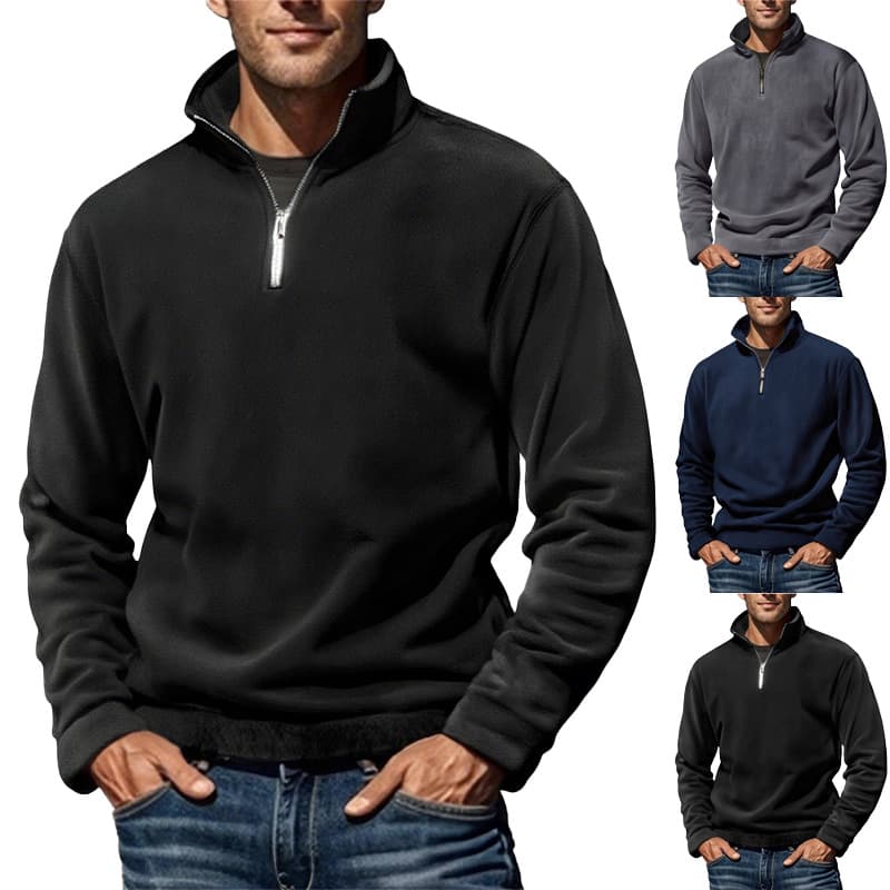 Autumn And Winter Men's Polar Fleece Top Solid Color Simple Casual Stand Collar Pullover Sweater