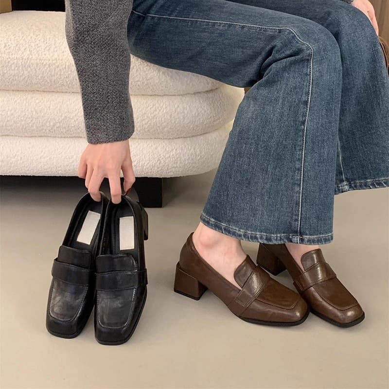 Black Loafers Square Toe Slip-On Chunky High Heels Versatile French Mary Jane Shoes For Women Mid Heel