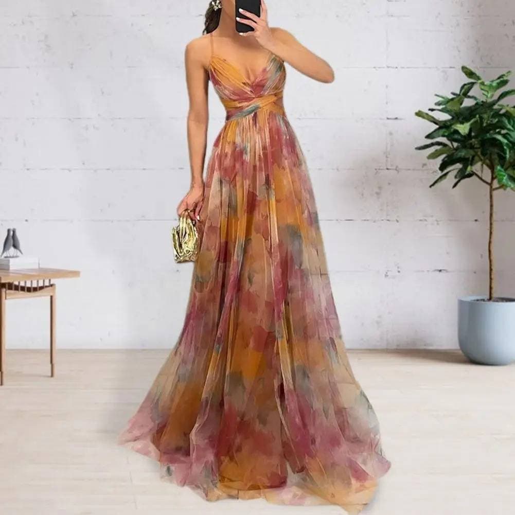 Women's Clothing Spring And Summer New Mesh Printed Suspender Dress INS Holiday Casual Party Dress