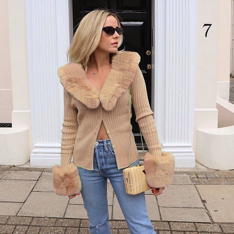 Women's Long-sleeved Tops Sexy Fur Collar Knitted Jacket Tops For Women