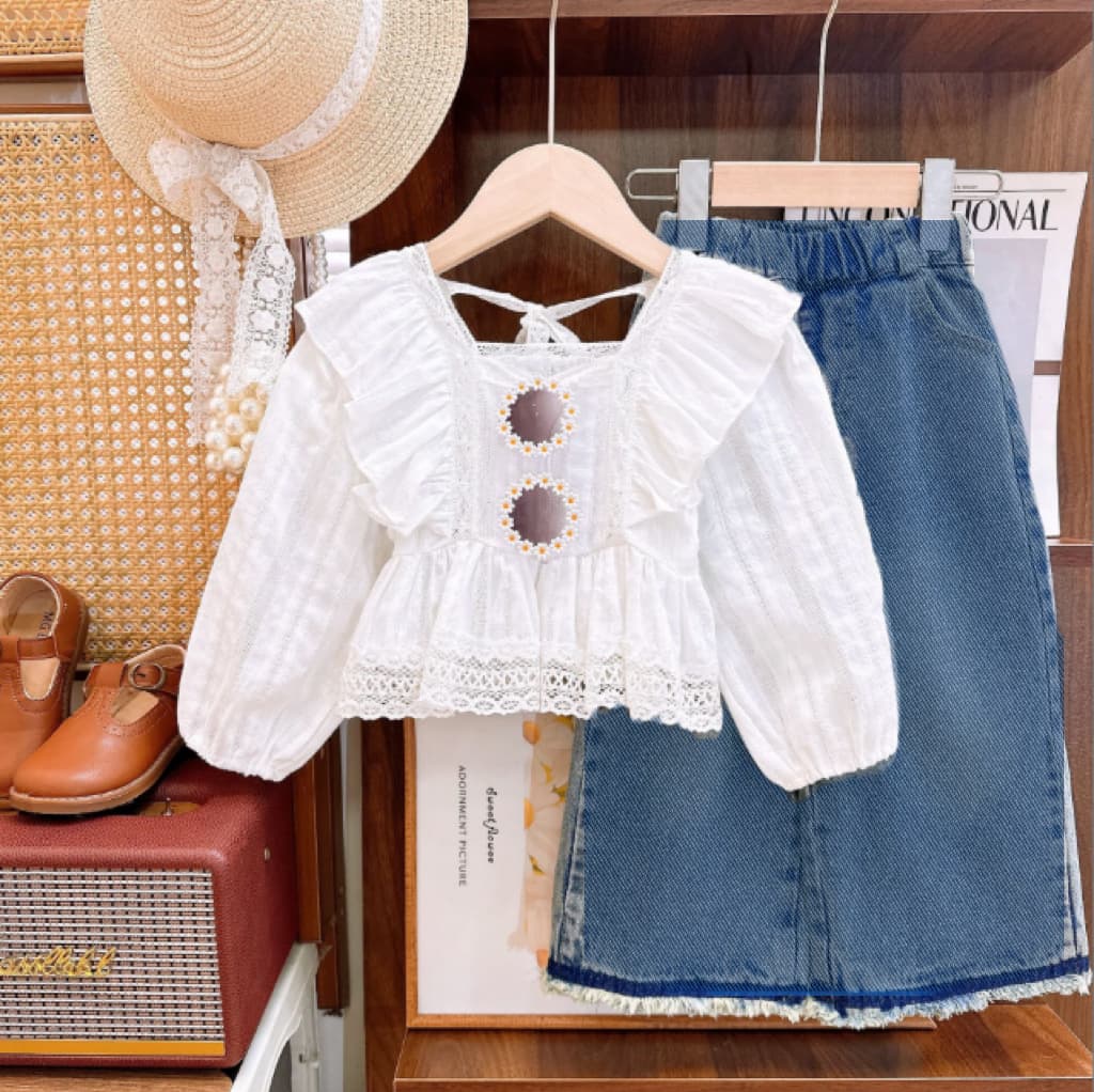 Mother & Kids 2024 Spring And Autumn New Girls Cute Puff Sleeve Top Plus Straight Jeans Two-piece Set