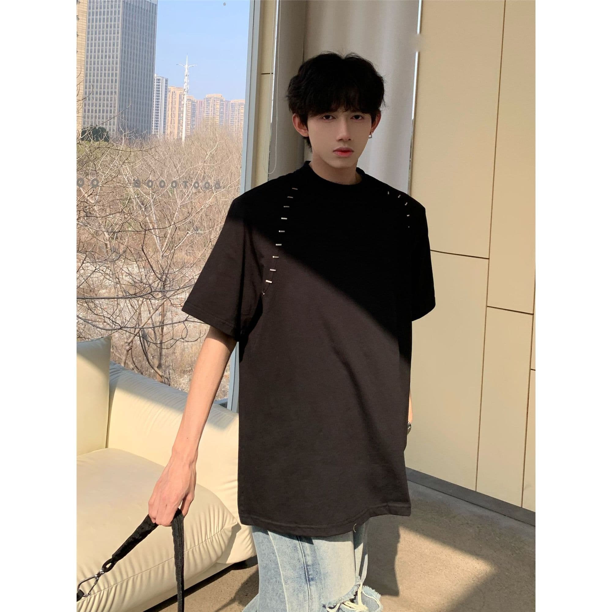 Premium Sense Heavy Shoulder Pad T-shirt Men's Small Neckline British Yuppie Men's Clothing Short Sleeve Trendy Brand Summer Design Sense Half Sleeve