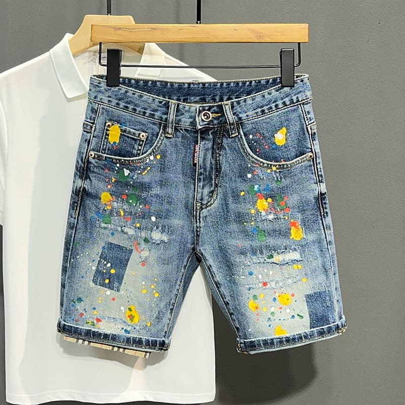 Men's Clothing Washed Blue Ripped Denim Shorts Men's Trendy Ink Splash Graffiti Slim Fit Five Point Pants