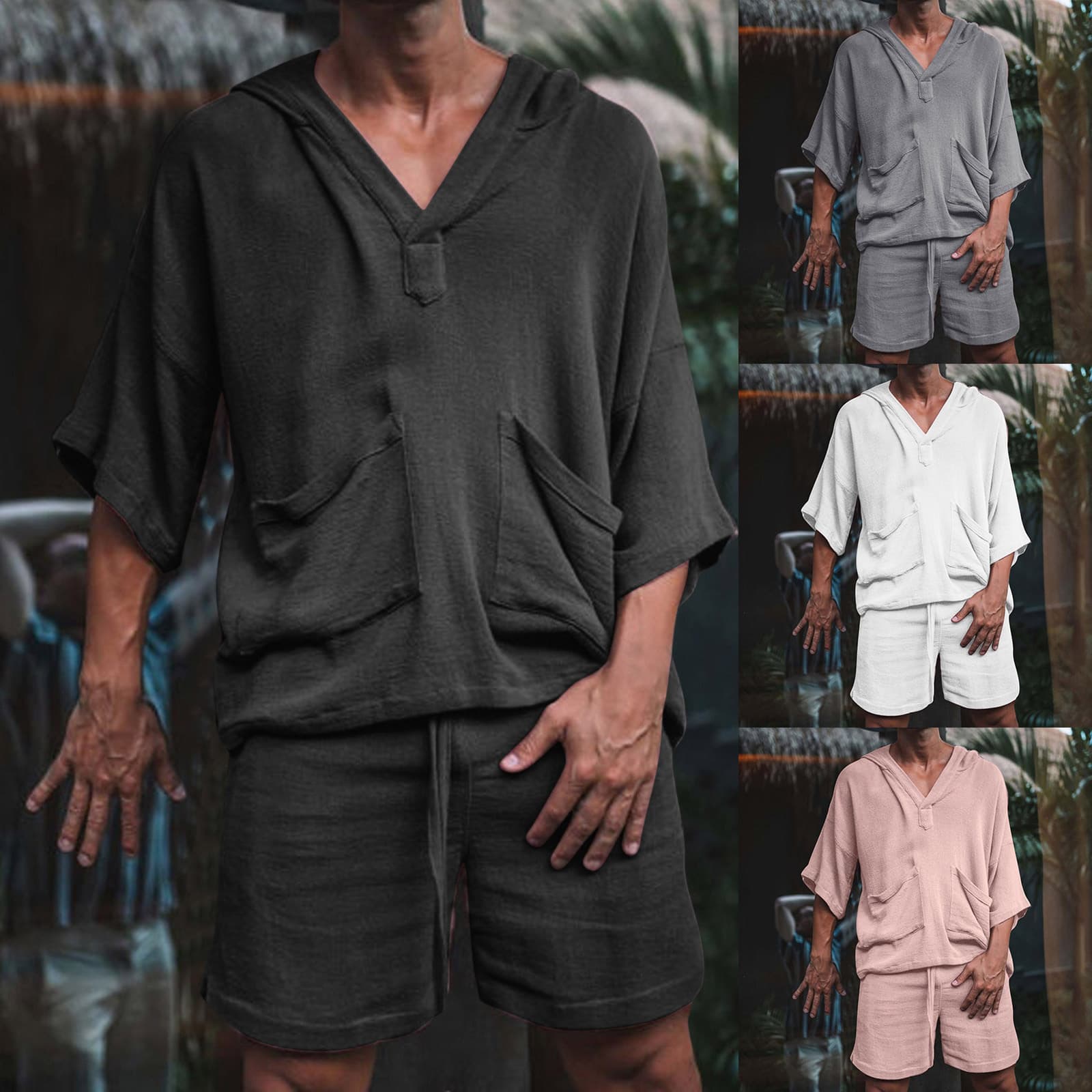 Men's Clothing new short sleeved shorts two piece cotton linen loose casual sports mid sleeve suit men's clothing