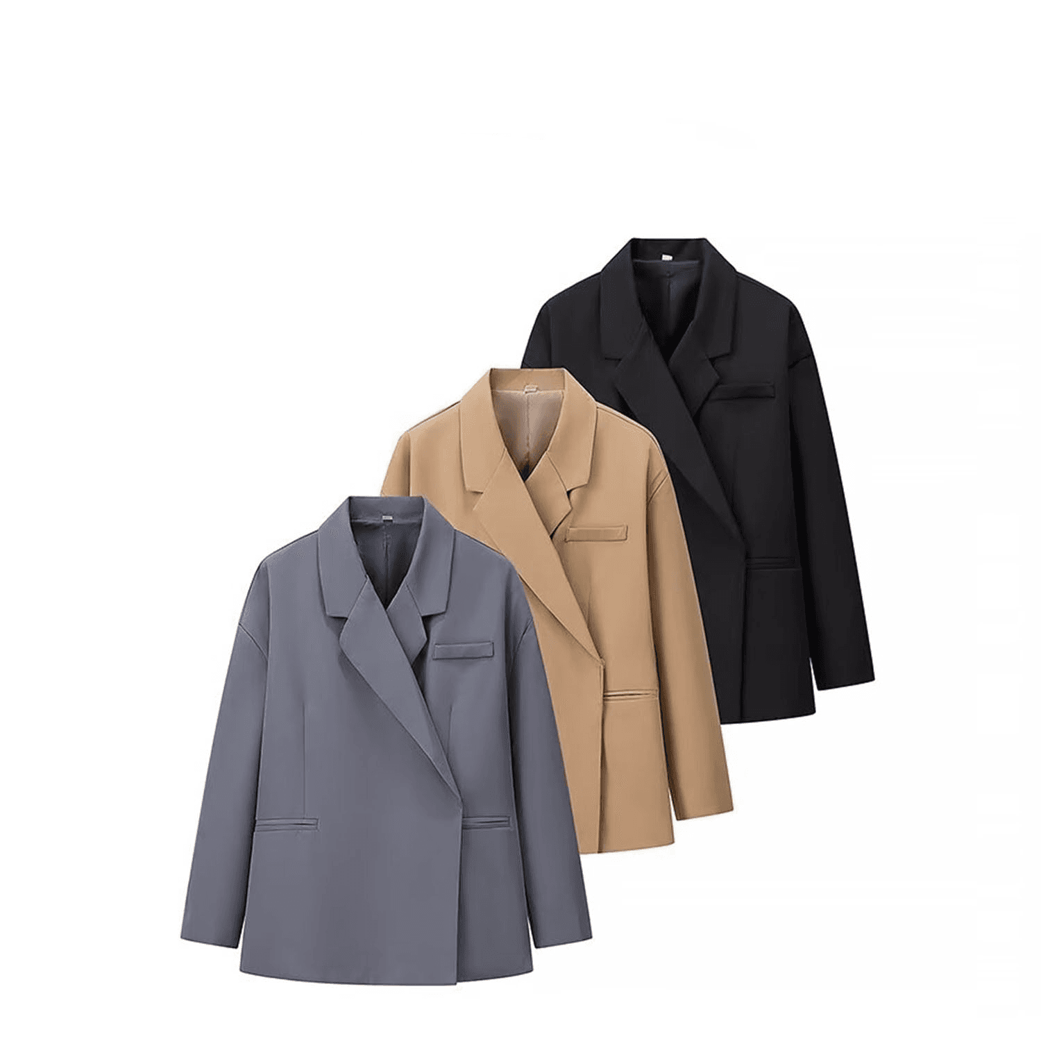 Women's Oversized Blazer Jacket - Classic Notch Lapel Long Sleeve Coat With Pockets, Polyester Casual Work Office Wear (Black/Grey/Khaki, S/M/L)