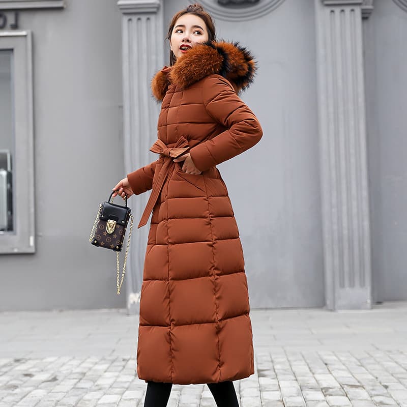 Women's Clothing new cotton coat for women, extended style, over the knee slim fitting cotton coat, colorful fur collar, winter coats cotton coat