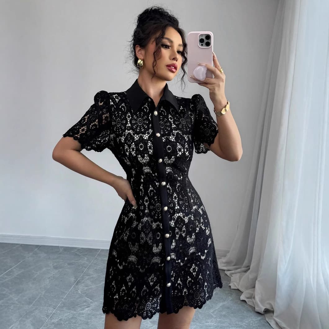 Women's Clothing Summer New Contrast Color Lapel Water Soluble Temperament Waist Short Sleeved Dress